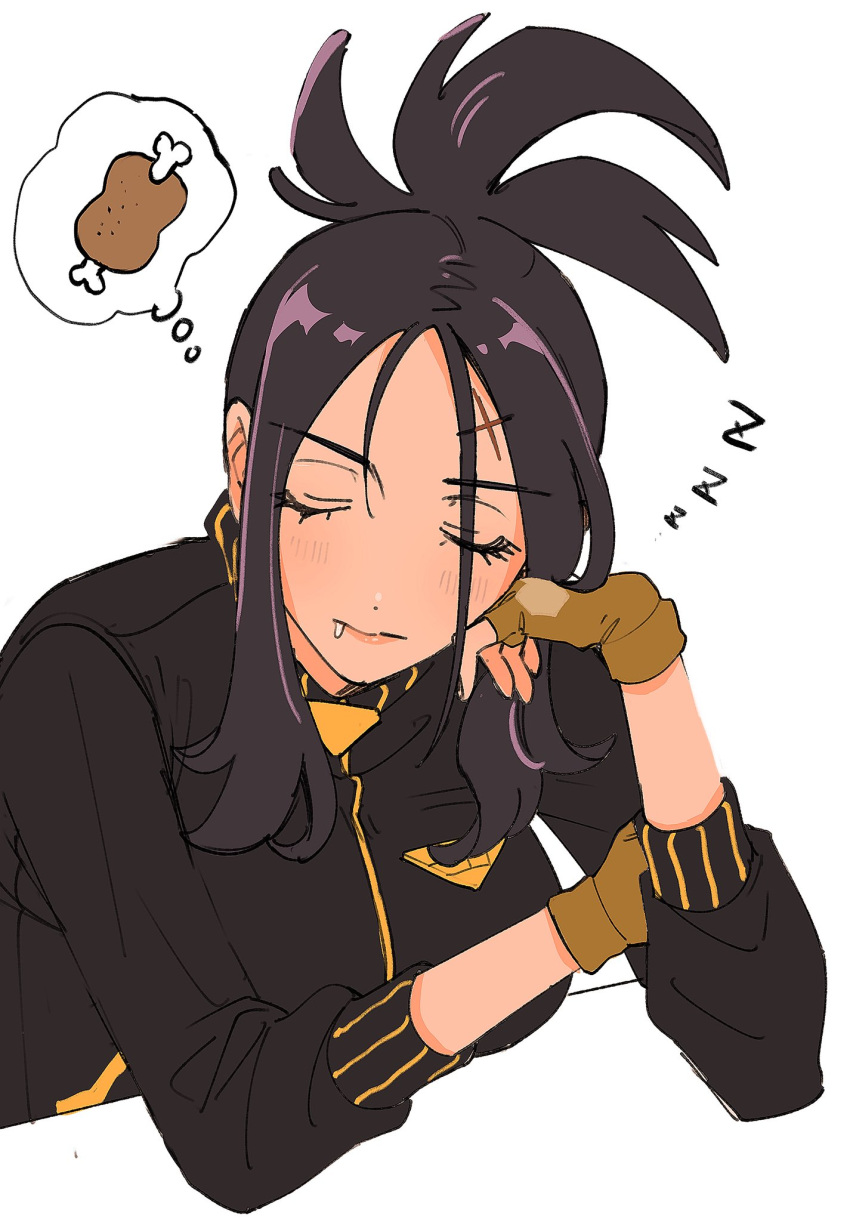 1girl black_hair black_jacket blush boned_meat closed_eyes cross_scar dendra_(pokemon) dreaming drooling fingerless_gloves food gloves head_rest high_ponytail highres jacket meat osg_pk pokemon pokemon_(game) pokemon_sv scar scar_on_face scar_on_forehead simple_background sleeping solo thought_bubble track_jacket white_background zzz