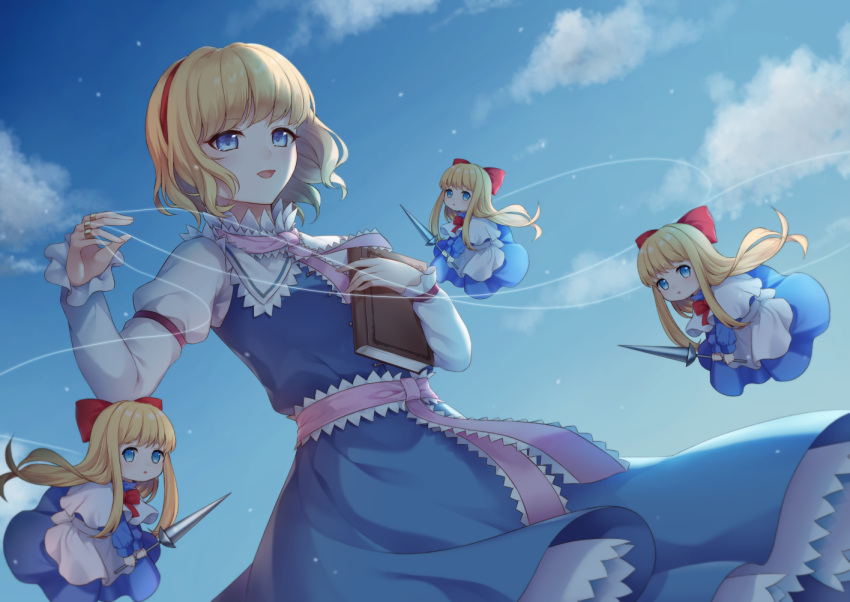 1girl alice_margatroid apron blonde_hair blue_dress blue_eyes blue_sky book bow bowtie capelet cloud day doll dress frills grimoire grimoire_of_alice hair_bow hairband hand_up holding holding_book holding_polearm holding_weapon jewelry lance lolita_hairband long_hair long_sleeves looking_at_viewer melachicca outdoors parted_lips polearm puffy_short_sleeves puffy_sleeves puppet_strings red_bow red_bowtie red_hairband ring shanghai_doll short_hair short_sleeves sidelocks sky touhou waist_apron weapon white_capelet