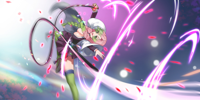 1girl :d braid breasts cleavage demon_slayer_uniform floating_hair green_eyes green_hair green_thighhighs haori highres holding holding_sword holding_weapon jacket japanese_clothes kanroji_mitsuri kimetsu_no_yaiba large_breasts long_hair long_sleeves miniskirt mole mole_under_eye motion_blur multicolored_hair open_clothes open_jacket outstretched_arms peach_luo pink_hair pleated_skirt purple_jacket purple_skirt skirt smile solo standing standing_on_one_leg sword thighhighs twin_braids two-tone_hair very_long_hair weapon