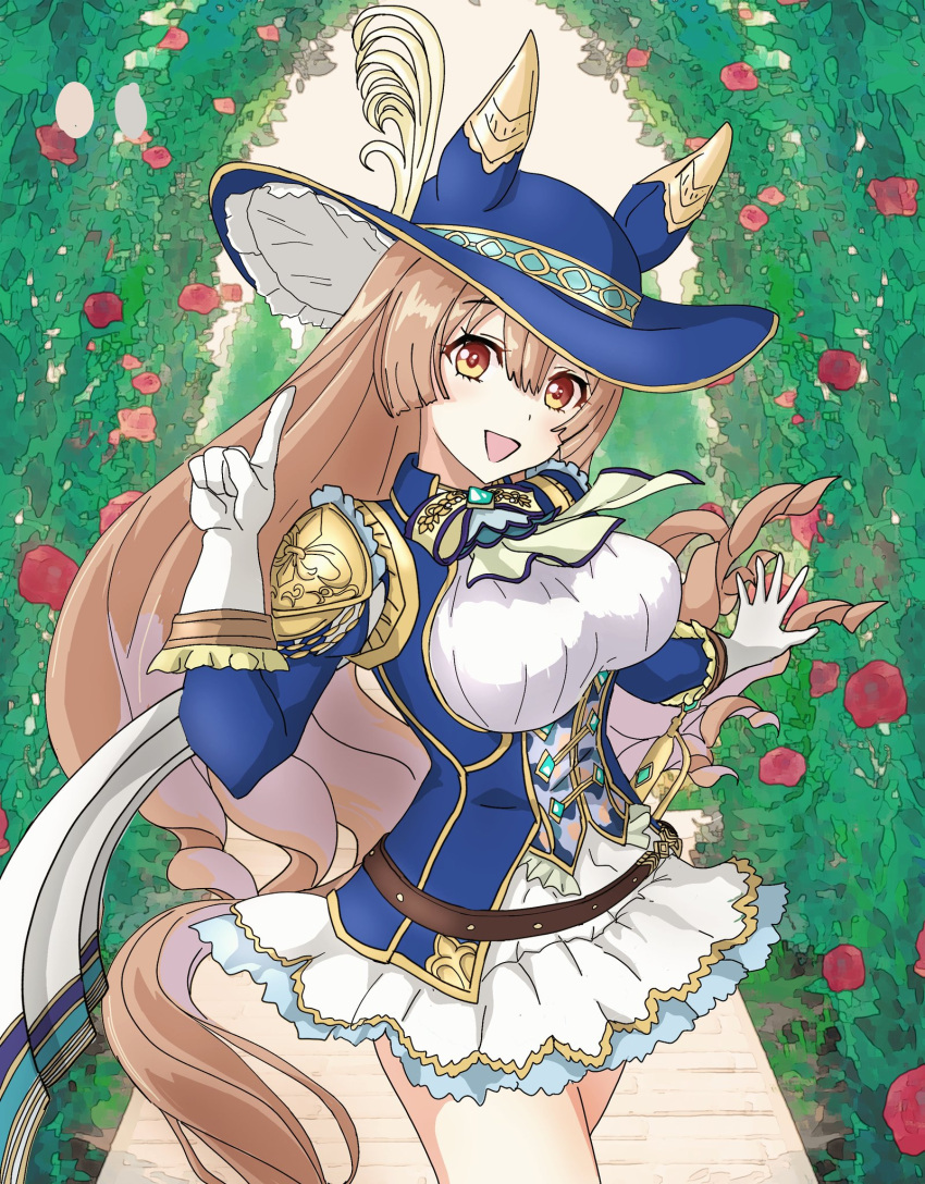 1girl :d animal_ears ascot belt blue_headwear blue_vest brown_eyes brown_hair cavalier_hat framed_breasts gloves hair_between_eyes hat highres horse_ears horse_girl horse_tail index_finger_raised long_hair long_sleeves looking_at_viewer masasim musketeer official_alternate_costume puffy_sleeves satono_diamond_(chevalier_bleu)_(umamusume) satono_diamond_(umamusume) shoulder_pads smile solo tail umamusume vest white_gloves