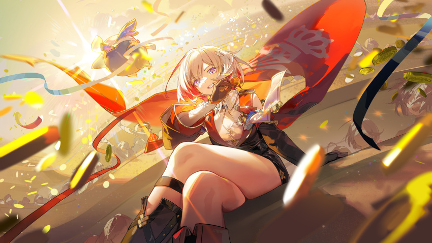 1girl absurdres black_gloves blue_eyes breasts coin gloves grin highres holding holding_coin honkai:_star_rail honkai_(series) looking_at_viewer multicolored_hair numby_(honkai:_star_rail) rafaelaaa short_hair smile solo streaked_hair teeth thigh_strap thighs topaz_(honkai:_star_rail) warp_trotter_(honkai:_star_rail) white_hair