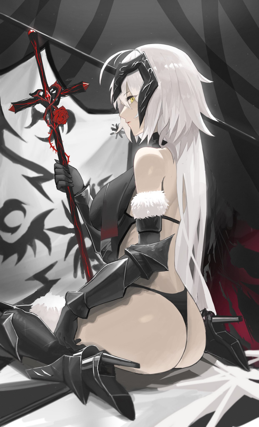 1girl adapted_costume ahoge armored_boots ass bare_shoulders black_footwear black_gloves black_panties boots breasts closed_mouth commentary detached_sleeves fate/grand_order fate_(series) flag flower fur-trimmed_sleeves fur_trim gloves headpiece high_heel_boots high_heels highres holding holding_sword holding_weapon jeanne_d'arc_alter_(avenger)_(fate) jeanne_d'arc_alter_(fate) large_breasts long_hair looking_at_viewer panties profile red_flower red_rose rose sitting solo sword underwear very_long_hair wariza weapon white_flag white_hair yellow_eyes yjjwonm