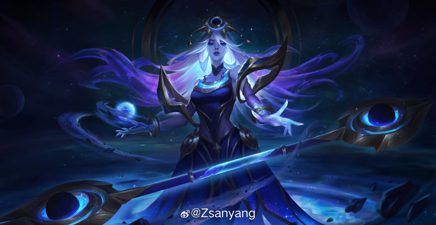 1girl absurdres artist_request blue_dress blue_eyes blue_eyeshadow blue_hair bracelet breasts colored_skin cosmic_lux dress dust eyeshadow floating_hair gradient_background grey_hair hair_ornament highres in_orbit jewelry large_breasts league_of_legends light long_hair looking_at_viewer lux_(league_of_legends) magic makeup mole mole_under_eye object_floating_above_hand orbited outstretched_arm parted_bangs parted_lips planet rock sky sleeveless sleeveless_dress solo space standing star_(sky) starry_sky wand zsanyang