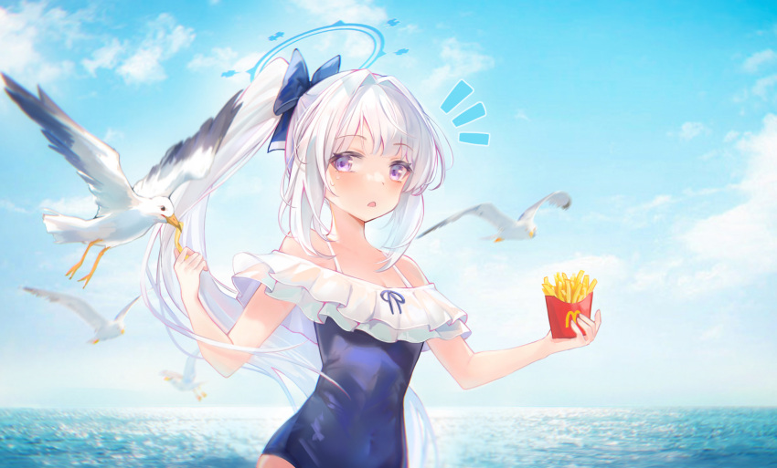 1girl bare_shoulders bird blue_archive blurry blurry_background blush bow breasts casual_one-piece_swimsuit cleavage cloud day food french_fries hair_bow halo hands_up highres holding holding_food horizon long_hair looking_to_the_side mcdonald's miyako_(blue_archive) miyako_(swimsuit)_(blue_archive) notice_lines ocean one-piece_swimsuit open_mouth outdoors ponytail purple_eyes seagull small_breasts solo swimsuit upper_body water white_hair zhongji_yaoguai