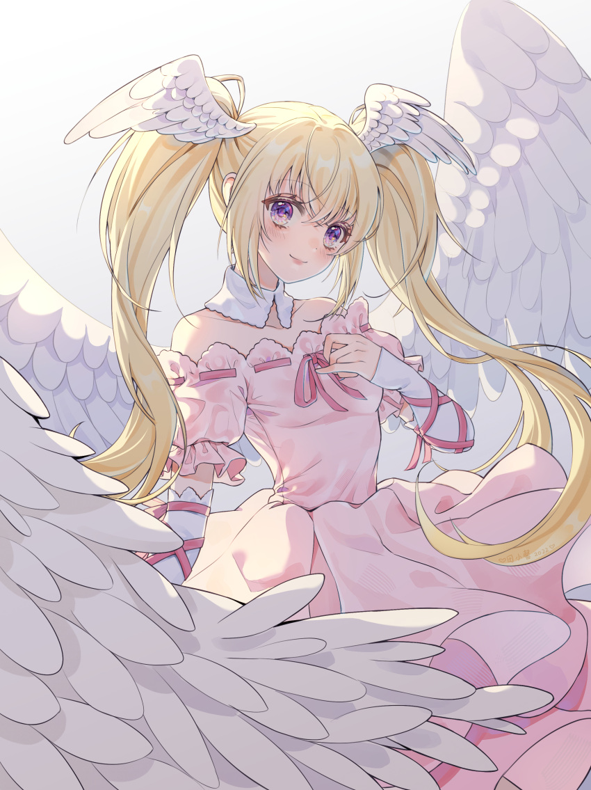 1girl absurdres angel angel_wings blonde_hair blush closed_mouth dress feathered_wings gloves hand_on_own_chest head_tilt head_wings highres hoshina_utau looking_at_viewer pink_dress purple_eyes seraphic_charm shugo_chara! solo tian_xiaoxin twintails white_background white_gloves wings