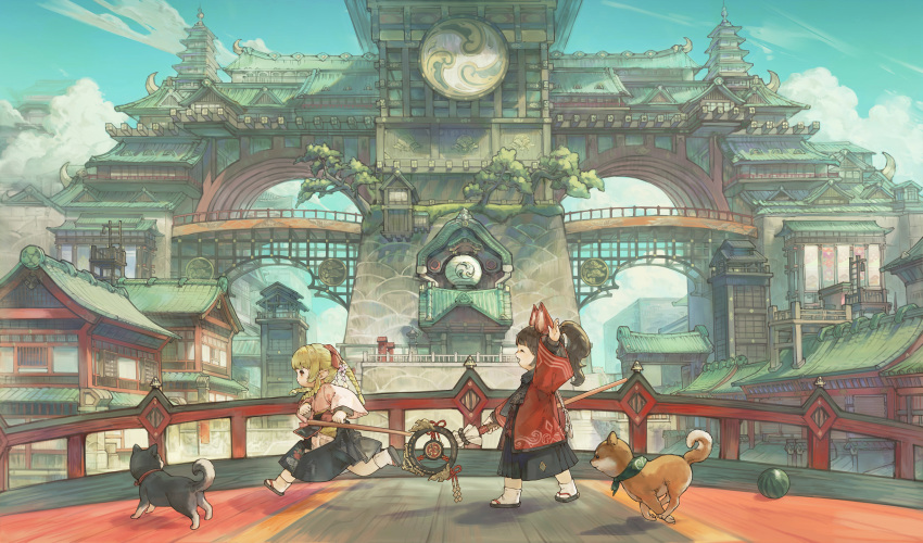 2girls animal_ear_headwear animal_ears architecture arm_up black_hair black_hakama black_scarf blonde_hair blue_sky blunt_bangs braid braided_ponytail bridge building cityscape closed_eyes cloud day drill_hair drill_sidelocks east_asian_architecture fake_animal_ears final_fantasy final_fantasy_xiv food from_side fruit gate hair_ribbon hakama hakama_skirt highres holding holding_staff japanese_clothes kimono lalafell looking_ahead medium_hair mitsudomoe_(shape) moonlouts multiple_girls open_mouth outdoors outstretched_arm pink_kimono pointy_ears ponytail profile ribbon running scarf scenery seigaiha shiba_inu sidelocks skirt sky smile socks staff tomoe_(symbol) tree twin_drills warrior_of_light_(ff14) watermelon white_socks wide_shot
