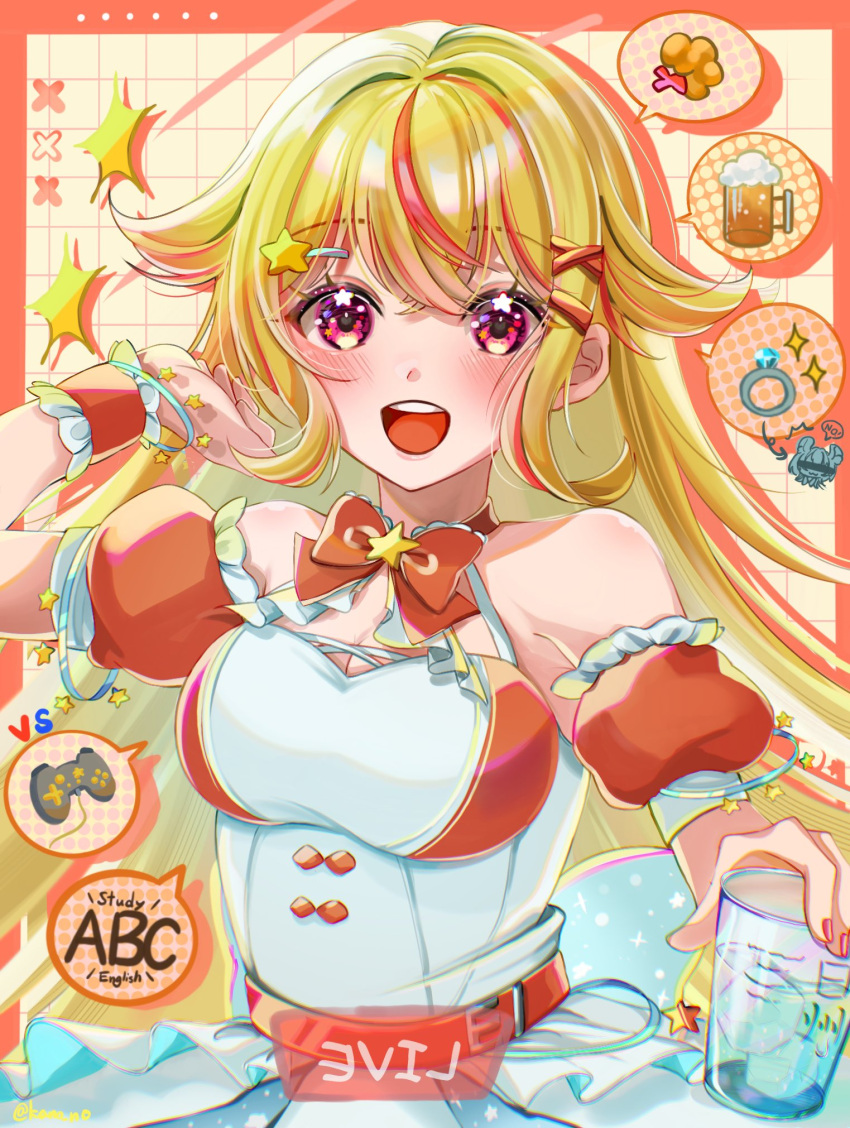 1girl blonde_hair blush bow bowtie breasts cleavage detached_sleeves drink hair_ornament highres holding holding_drink indie_virtual_youtuber kano3 long_hair multicolored_hair open_mouth orange_bow orange_bowtie red_eyes red_hair red_nails smile solo sparkle star_(symbol) star_hair_ornament streaked_hair tenkai_purane