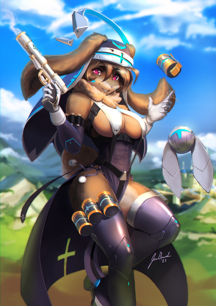 &lt;3 &lt;3_eyes 2023 5_fingers anthro armwear artist_name big_breasts blurred_background boots breasts brown_body brown_fur cloak clothing cloud cross elbow_gloves explosives eyebrows eyelashes female fingers footwear fur gloves grenade grenade_pin gun handwear hi_res holding_gun holding_object holding_weapon jecbrush lagomorph legwear leporid looking_at_viewer maggie_(jecbrush) mammal multicolored_body multicolored_fur nun outside rabbit ranged_weapon red_eyes signature sky smile smoke solo strapless_leotard straps tan_body tan_fur thigh_boots thigh_highs two_tone_body two_tone_fur weapon