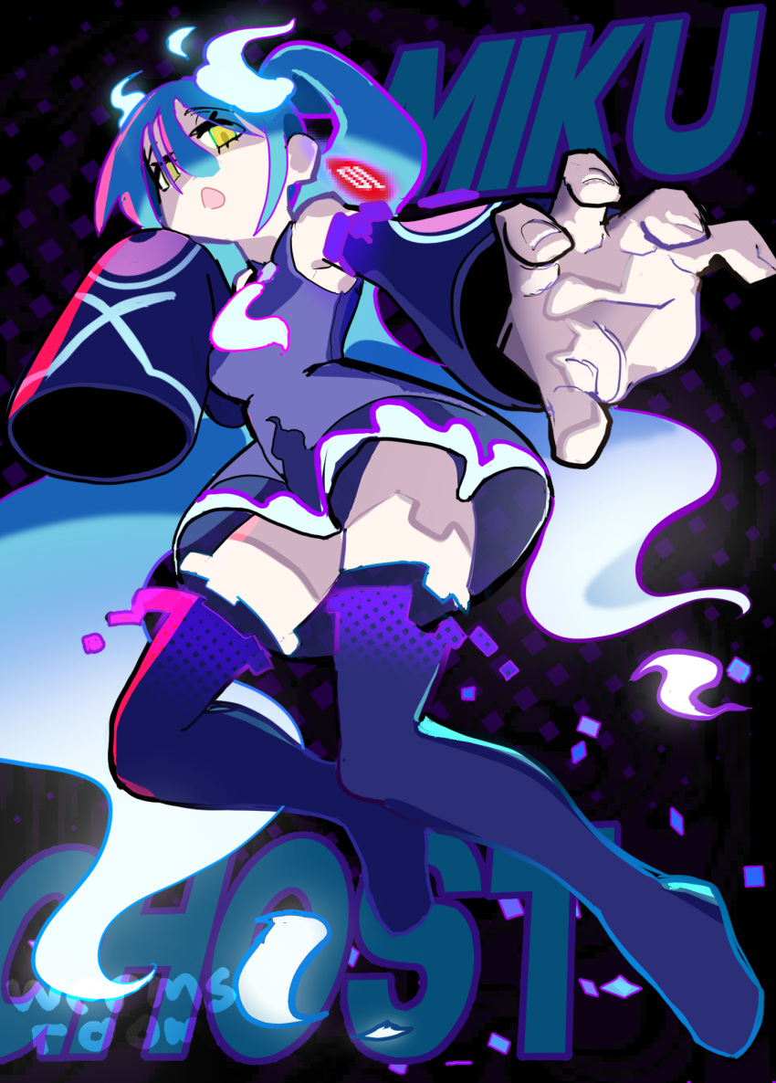 1girl black_sleeves black_thighhighs blue_hair character_name commentary detached_arm detached_legs detached_sleeves english_commentary floating full_body ghost_miku_(project_voltage) glitch gradient_hair grey_shirt hair_between_eyes hand_up hatsune_miku highres long_hair looking_at_viewer multicolored_hair necktie open_mouth outstretched_arm pale_skin pokemon print_sleeves project_voltage reaching reaching_towards_viewer see-through see-through_skirt shaded_face shirt skirt sleeveless sleeveless_shirt sleeves_past_fingers sleeves_past_wrists solo thighhighs twintails very_long_hair vocaloid wermer white_hair white_necktie yellow_eyes