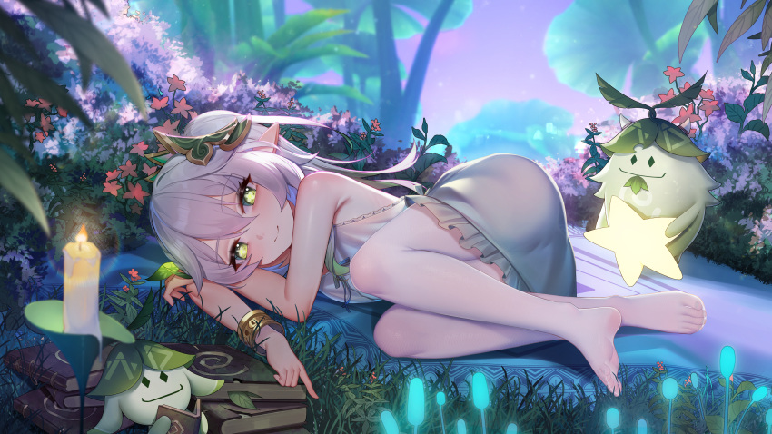 1girl absurdres anklet aranara_(genshin_impact) bare_arms bare_legs bare_shoulders barefoot blurry book book_stack bracelet breasts candle closed_mouth cross-shaped_pupils dress feet flower full_body genshin_impact gradient_hair grass green_eyes green_hair grey_hair hair_between_eyes hair_ornament highres jewelry leaf leaf_hair_ornament long_hair looking_at_viewer lying multicolored_hair nahida_(genshin_impact) nature no_shoes on_side outdoors pantyhose plant pointy_ears side_ponytail sidelocks sleeveless sleeveless_dress small_breasts smile soles symbol-shaped_pupils toes white_dress white_pantyhose xingchee