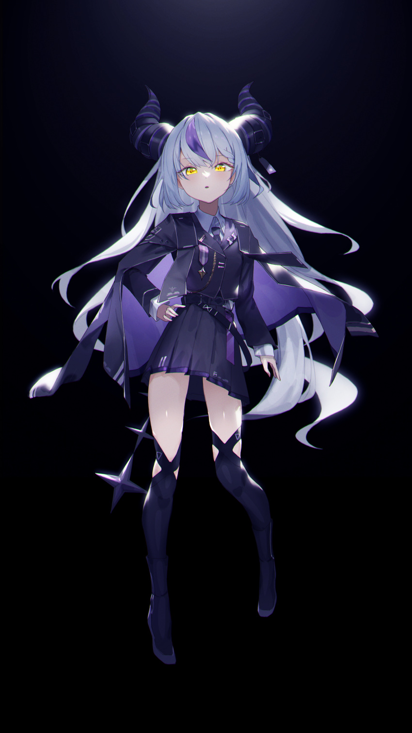 1girl :o absurdres aiguillette belt black_belt black_cape black_footwear black_jacket black_necktie black_skirt black_thighhighs boots braid braided_bangs cape collared_shirt commentary_request demon_girl demon_horns full_body grey_hair hair_between_eyes hand_on_own_hip highres hololive horns jacket la+_darknesss light_blush long_hair long_sleeves looking_at_viewer military_jacket multicolored_hair natsuyamai necktie parted_lips pleated_skirt purple_hair purple_horns shirt skirt solo streaked_hair striped_horns thighhighs very_long_hair virtual_youtuber white_shirt yellow_eyes