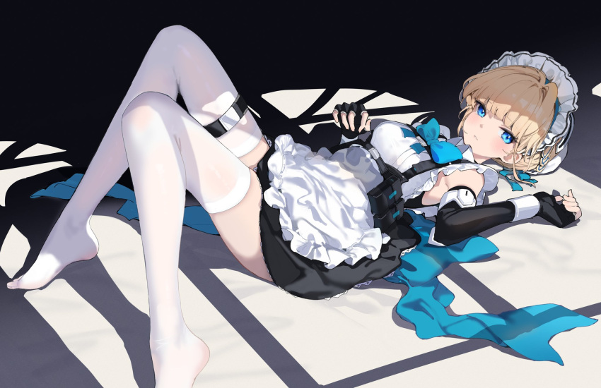 1girl apron aqua_bow aqua_bowtie blonde_hair blue_archive blue_eyes bow bowtie braid bun_cover chest_harness dress elbow_gloves fingerless_gloves french_braid gloves hair_bun hand_up harness highres large_bow lying maid_apron no_shoes on_back single_hair_bun sleeveless sleeveless_dress thighhighs toki_(blue_archive) white_thighhighs yamano_(yamanoh)