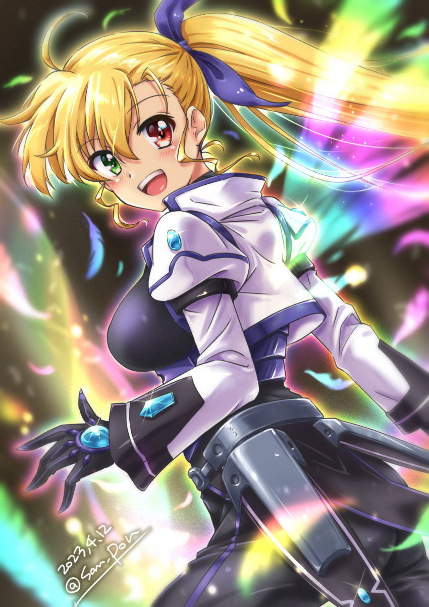 1girl artist_name ass blonde_hair blush breasts dated hair_ribbon heterochromia highres large_breasts long_hair looking_at_viewer lyrical_nanoha magical_girl mahou_shoujo_lyrical_nanoha_vivid open_mouth ponytail ribbon san-pon smile solo vivio