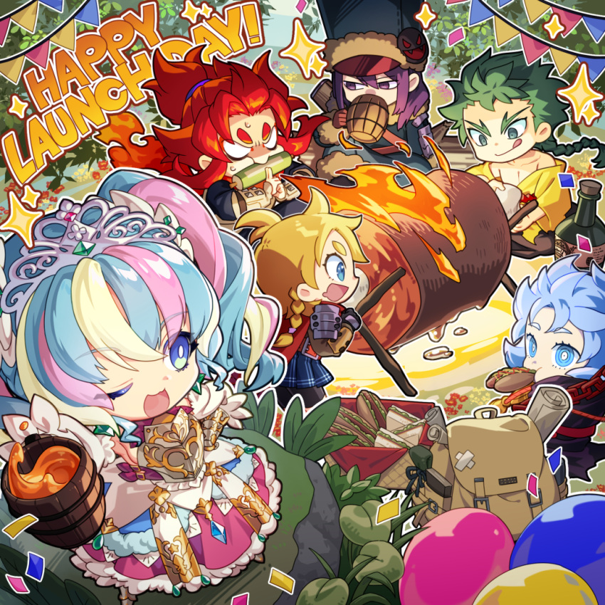 ;d aqua_hair backpack bag blank_eyes blonde_hair blue_eyes bottle chibi confetti cup curse_maker curse_maker_5 drinking drooling eating english_text fire food forked_eyebrows fur-trimmed_headwear green_eyes green_hair gunner_(sekaiju) gunner_5_(sekaiju) hair_between_eyes hat holding holding_cup kuji-in monk_(sekaiju) monk_5_(sekaiju) mouth_drool mug one_eye_closed outdoors pink_hair plant princess_(sekaiju) princess_5_(sekaiju) purple_eyes purple_hair red_hair ringed_eyes rock rotisserie sacanahen sandwich second-party_source sekaiju_no_meikyuu sekaiju_no_meikyuu_1 sekaiju_no_meikyuu_2 sekaiju_no_meikyuu_3 sekaiju_no_meikyuu_hd shinobi_(sekaiju) shinobi_5_(sekaiju) smile swordsman_(sekaiju) swordsman_5_(sekaiju) thick_eyebrows tiara