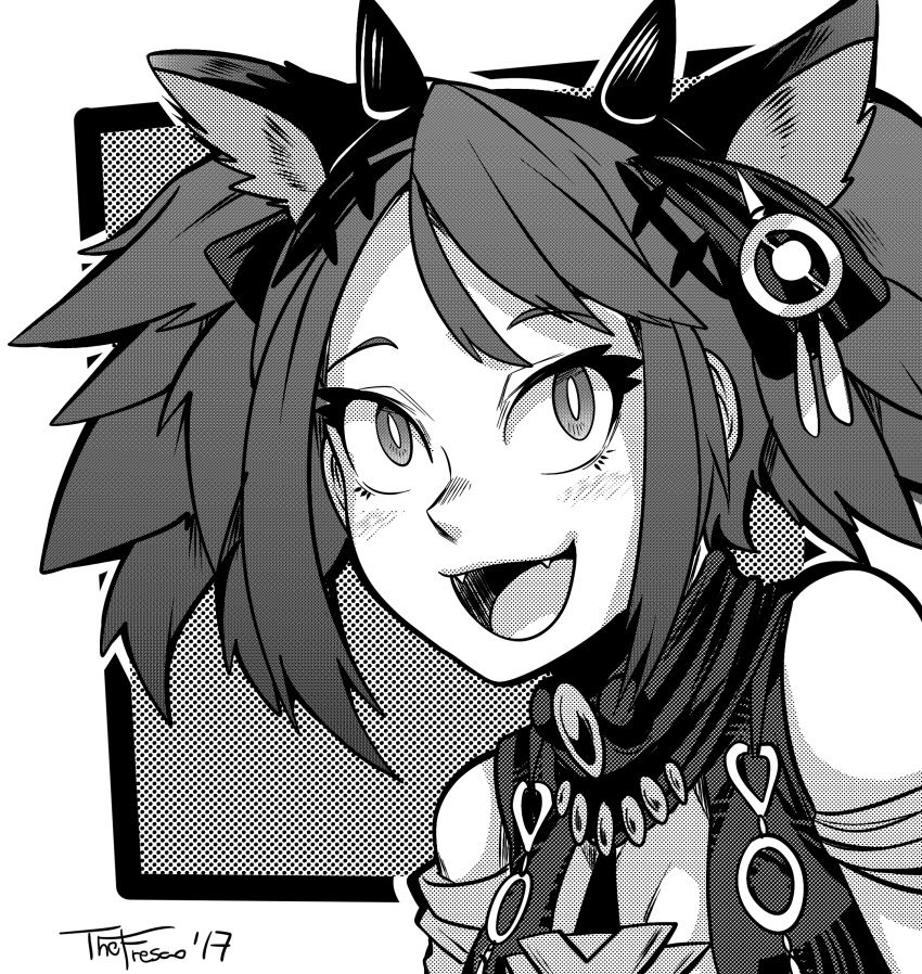 1girl absurdres animal_ears bare_shoulders border bright_pupils commentary dated english_commentary eyelashes fake_horns fangs federico_freschi force_of_will highres horned_headwear horns light_blush monochrome open_mouth pricia_(force_of_will) short_hair signature solo twintails upper_body white_pupils