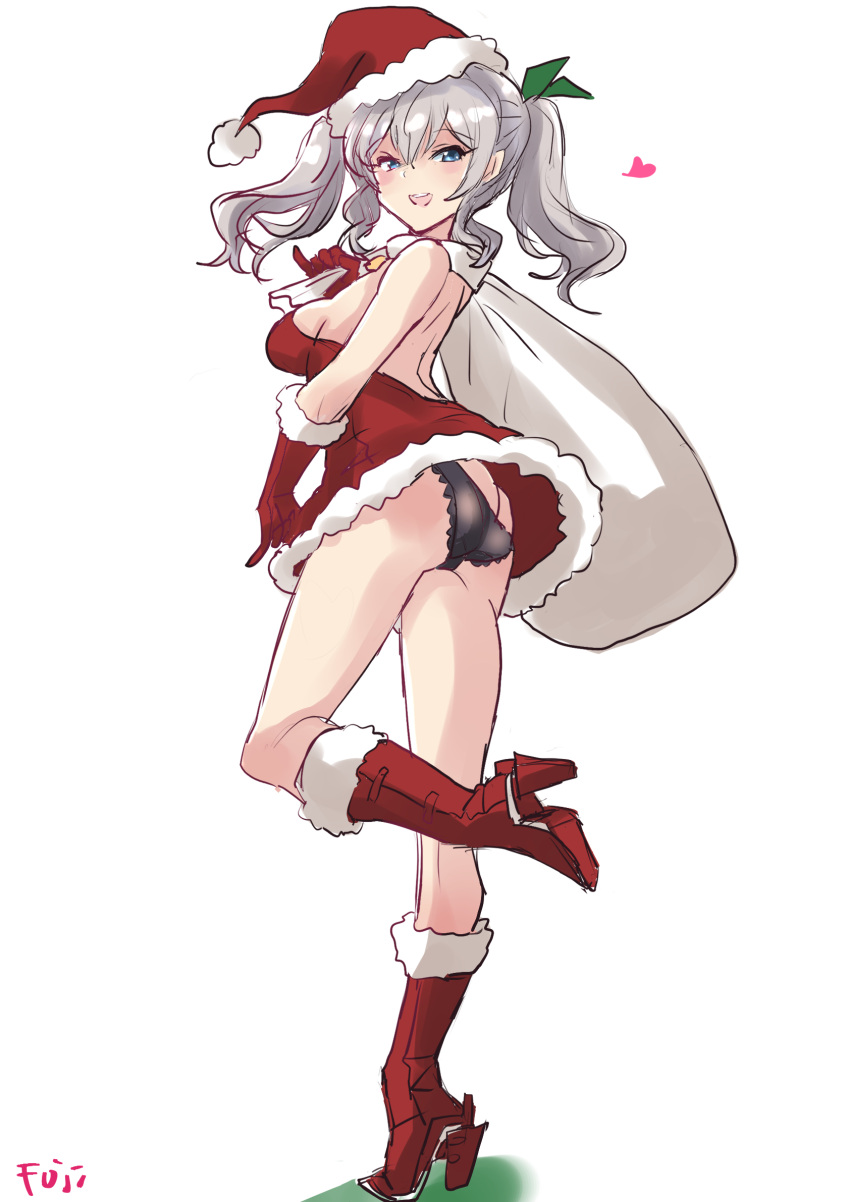 1girl alternate_costume artist_name black_panties blue_eyes boots breasts commentary_request dress fuji_(pixiv24804665) full_body fur-trimmed_boots fur-trimmed_dress fur-trimmed_gloves fur-trimmed_headwear fur_trim gloves grey_hair hat highres kantai_collection kashima_(kancolle) looking_at_viewer medium_breasts panties red_dress red_footwear red_gloves red_headwear sack santa_dress santa_hat sideboob sidelocks simple_background solo standing standing_on_one_leg twintails underwear wavy_hair white_background