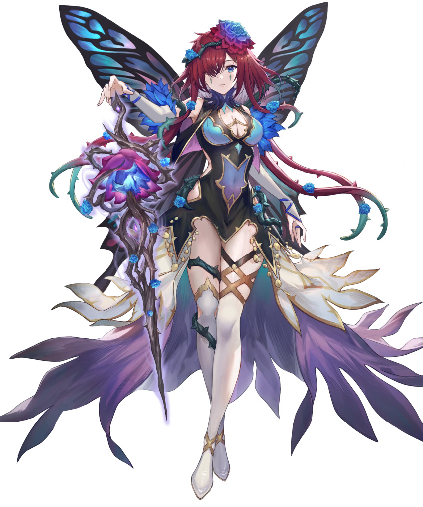 1girl blue_eyes boots breasts brown_hair butterfly_wings cleavage covered_navel fairy fairy_wings fire_emblem fire_emblem_heroes floating floating_object floating_weapon flower hair_flower hair_ornament highres medium_breasts navel non-web_source official_alternate_costume official_art plant_hair solo sword thigh_boots thighhighs triandra_(fire_emblem) weapon white_thighhighs wings