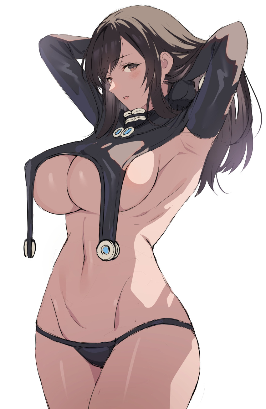 1girl absurdres adjusting_hair arms_behind_head black_hair black_panties bottomless breasts elbow_gloves gantz gantz_suit gloves highres large_breasts long_hair looking_at_viewer mizore_syrup navel panties revealing_clothes shimohira_reika solo standing underboob underwear