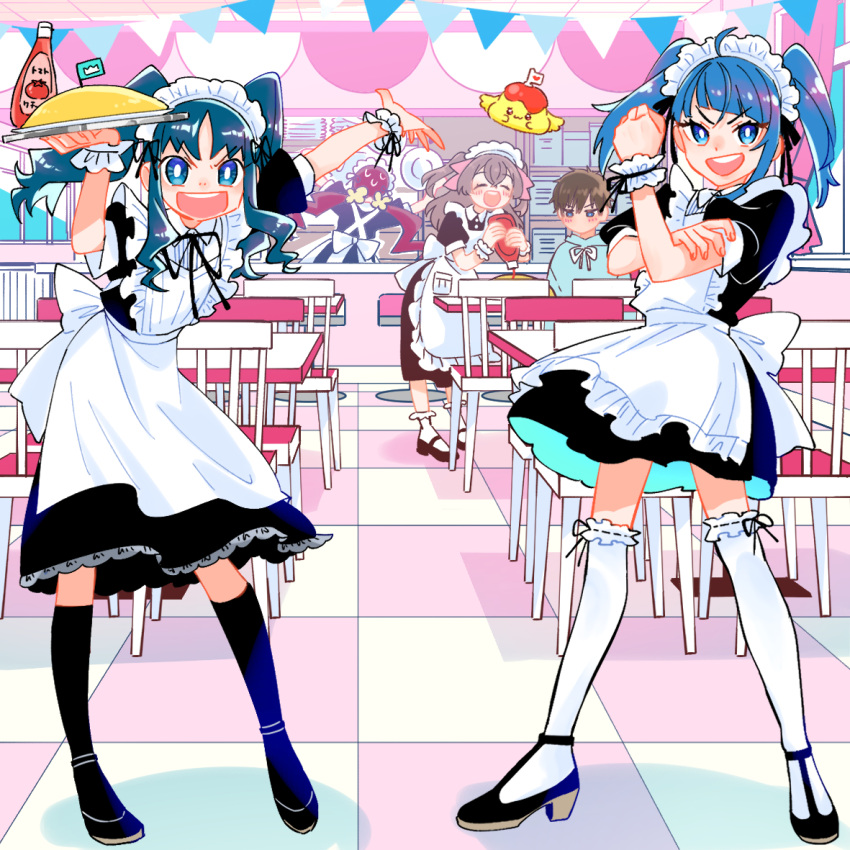 1boy 4girls alternate_costume alternate_hairstyle apron arm_up blue_eyes blue_hair brown_hair chair checkered_floor contrapposto delicious_party_precure enmaided excited flats food hair_ribbon hanasaki_tsubomi heartcatch_precure! hirogaru_sky!_precure in-franchise_crossover ketchup kneehighs kurumi_erika lace-trimmed_legwear lace_trim long_hair maid maid_apron maid_headdress mary_janes monster_rally multiple_girls nagomi_yui omelet omurice open_mouth outstretched_arm pink_hair precure restaurant ribbon shinada_takumi shoes short_hair skirt socks sora_harewataru table thighhighs tray twintails