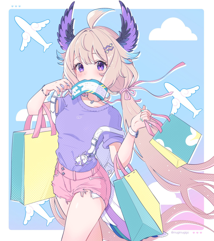 1girl ahoge bag blonde_hair blue_hair blue_nails bracelet commentary enna_alouette gradient_hair hair_ornament hair_ribbon hairclip head_wings highres jewelry long_hair low_twintails mouth_hold mugimugigo multicolored_hair nijisanji nijisanji_en pink_ribbon pink_shorts purple_eyes purple_shirt purple_wings ribbon shirt shopping_bag shorts solo symbol-only_commentary twintails very_long_hair virtual_youtuber wings