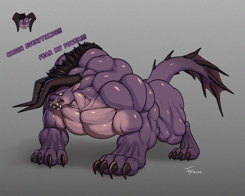 2022 behemoth_(ff) big_muscles claws english_text feral final_fantasy hair horn male muscular muscular_feral muscular_male open_mouth purple_body signature simple_background solo spikes square_enix standing tail teeth text toby_art