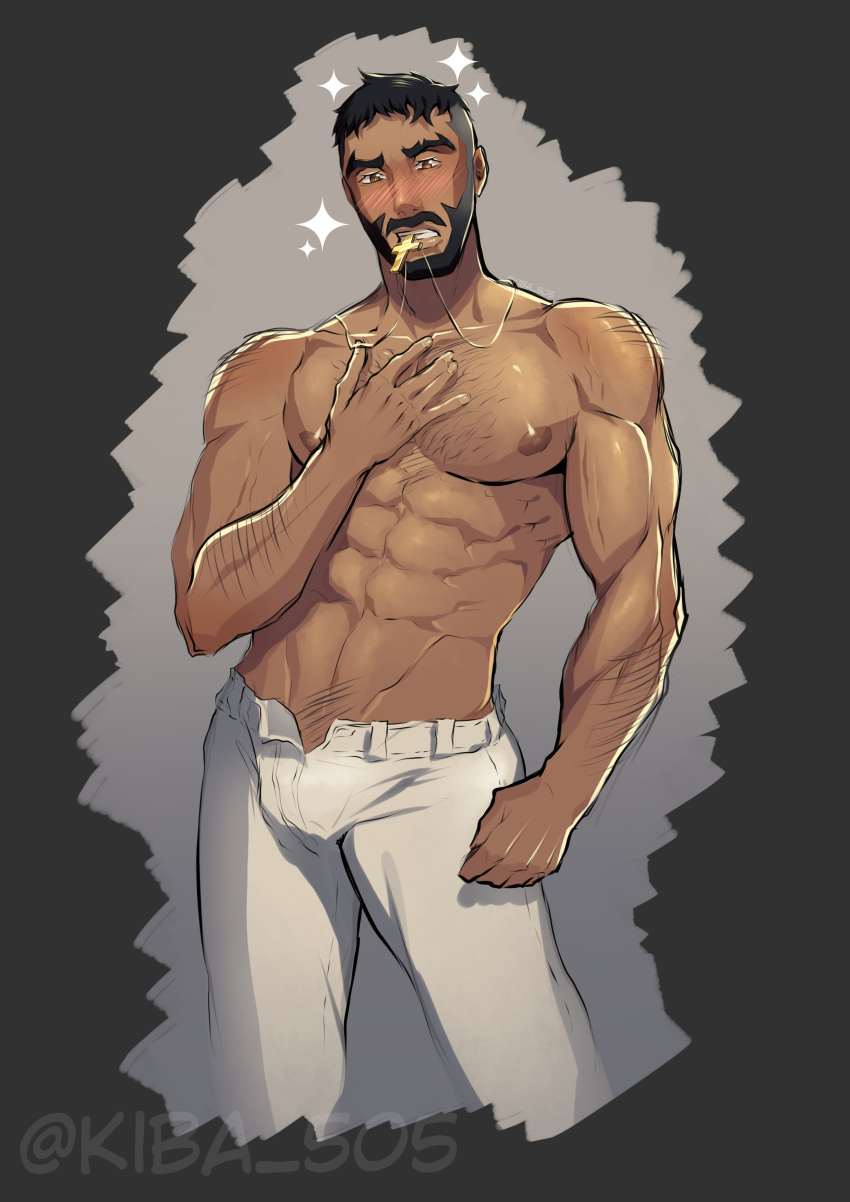 1boy abs absurdres arm_hair bara beard black_hair blush bulge buzz_cut castlevania castlevania:_nocturne chest_hair cropped_legs cross cross_necklace dark-skinned_male dark_skin facial_hair hairy hand_on_own_chest head_tilt highres jewelry kiba_505 large_pectorals male_focus mature_male mizrak_(castlevania) muscular muscular_male navel navel_hair necklace necklace_in_mouth nipples open_fly pectorals short_hair solo sparkling_aura sparse_navel_hair standing stomach thick_eyebrows thick_mustache thick_thighs thighs topless_male very_short_hair