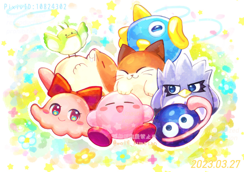 :3 :d artist_name bird blue_eyes blue_flower blush blush_stickers bow chuchu_(kirby) closed_eyes commentary_request coo_(kirby) dated drooling fish flower gooey_(kirby) kine_(kirby) kirby kirby_(series) long_tongue looking_at_viewer nago_(kirby) ninjya_palette no_humans open_mouth pitch_(kirby) pixiv_id red_bow rick_(kirby) sleeping smile solid_circle_eyes star_(symbol) star_in_eye symbol_in_eye tongue tongue_out twitter_username watermark white_background yellow_flower