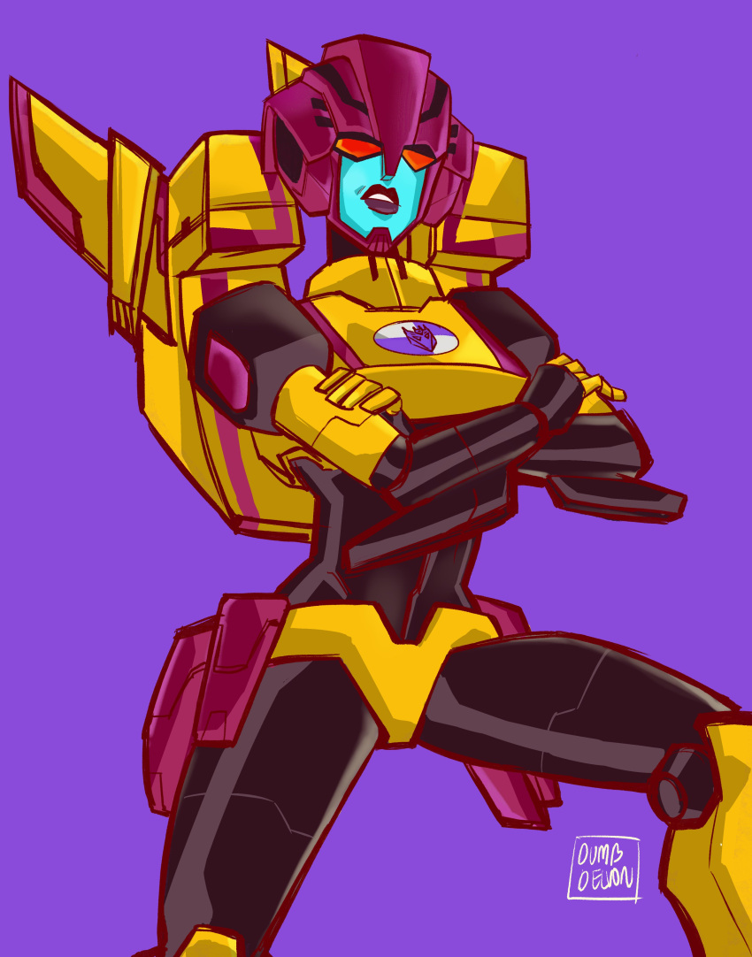 1girl absurdres annoyed backpack bag crossed_arms dragstrip dumbdelvon helmet highres humanoid_robot panties purple_background red_eyes red_lips robot simple_background solo transformers transformers_animated underwear yellow_panties