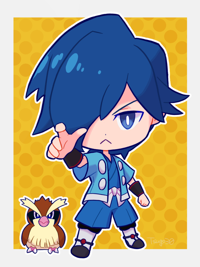 1boy beak blue_eyes blue_hair chibi clenched_hand commentary_request falkner_(pokemon) hair_over_one_eye haori highres japanese_clothes kimono looking_at_viewer male_focus outline outside_border pidgey pokemon pokemon_(creature) pokemon_(game) pokemon_hgss sash signature tsugomori_(sprn303) white_outline white_sash