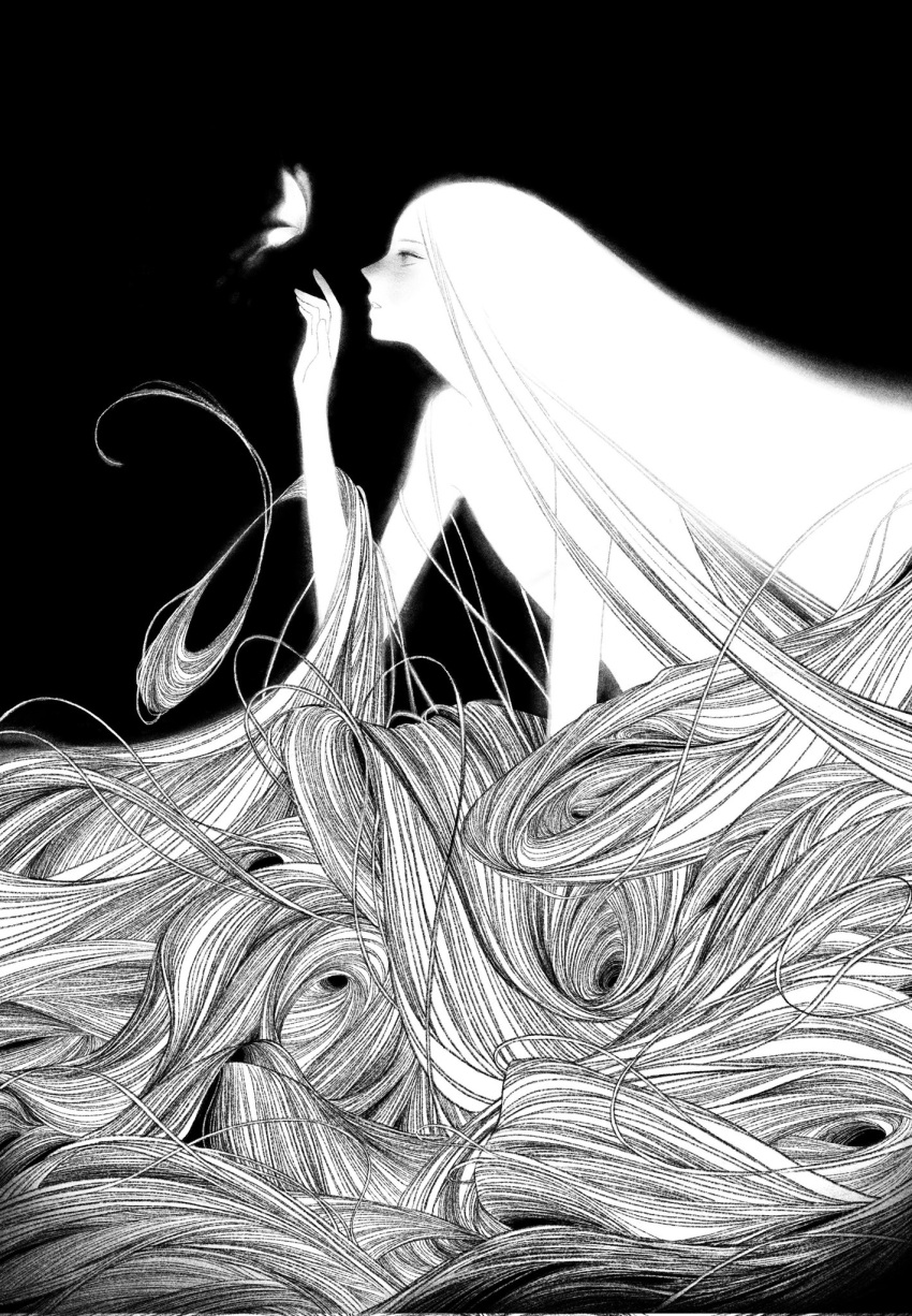 1girl absurdly_long_hair androgynous animal bug butterfly completely_nude entangled flat_chest from_side greyscale hand_up highres leaning_forward long_hair looking_at_animal monochrome nude original profile reaching sae_sae simple_background very_long_hair