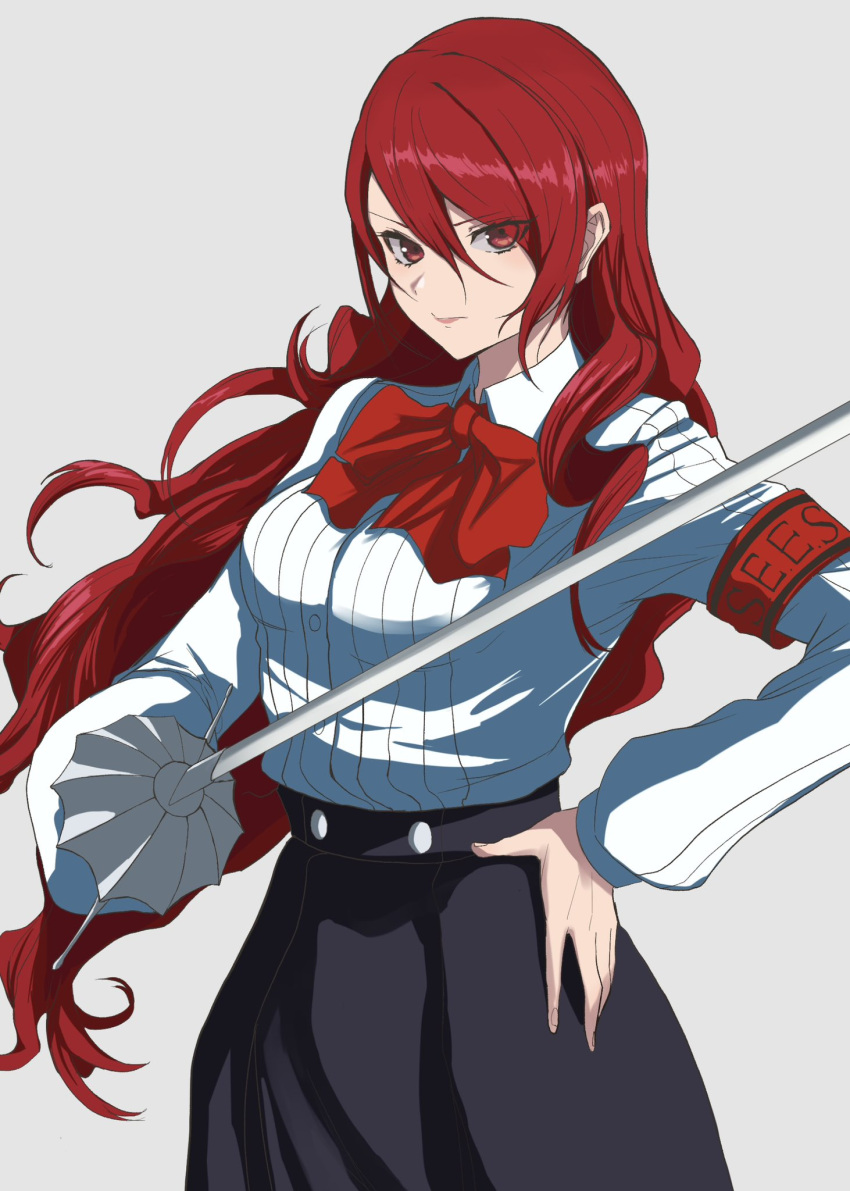 1girl armband gekkoukan_high_school_uniform hair_over_one_eye highres kirijou_mitsuru long_hair persona persona_3 rapier red_armband red_hair s-m-53413 s.e.e.s school_uniform sword weapon