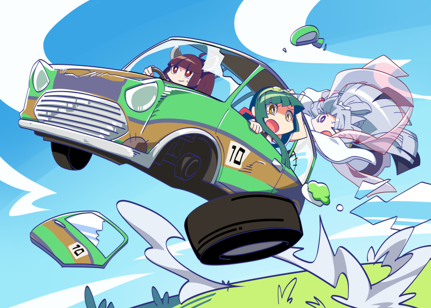 &gt;_o 3girls blue_sky blunt_bangs bright_pupils broken_window brown_hair car commentary_request damaged day driving fuu_(koneko_no_yomeiri) grass green_hair green_hairband grey_hair hagoromo hairband hand_on_own_head hanging_on headgear highres japanese_clothes kimono knife long_hair long_sleeves looking_ahead looking_down midair motor_vehicle multiple_girls nervous_smile nervous_sweating one_eye_closed open_mouth purple_eyes red_eyes scared shawl siblings sisters sky smile sweat tasuki tearing_up through_window tire touhoku_itako touhoku_kiritan touhoku_zunko twintails v-shaped_eyebrows voiceroid white_kimono white_pupils wide_sleeves yellow_eyes zunda_mochi