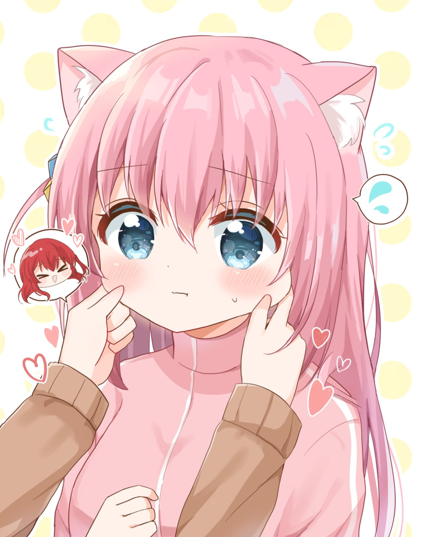 2girls animal_ears blue_eyes blush bocchi_the_rock! cat_ears cheek_pinching gotoh_hitori highres jacket kita_ikuyo mike_mochi multiple_girls pinching pink_hair pink_jacket red_hair sidelocks upper_body