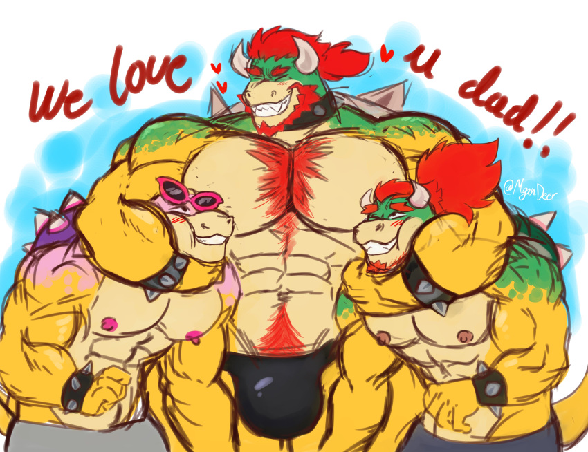 &lt;3 2023 abs absurd_res anthro arm_around_neck bald beard big_pecs biped black_clothing black_thong black_underwear blush body_hair bowser bowser_jr. bracelet brown_nipples bulge chest_hair clothed clothing collar embrace english_text eyes_closed facial_hair father's_day father_(lore) father_and_child_(lore) father_and_son_(lore) green_head green_shell grin group hair happy_trail headlock hi_res holidays horn jewelry koopa koopaling male mario_bros morgandeer muscular muscular_anthro muscular_male navel nintendo nipples non-mammal_nipples one_eye_closed parent_(lore) parent_and_child_(lore) parent_and_son_(lore) pecs pink_head pink_nipples ponytail pubes purple_shell red_beard red_hair red_pubes roy_koopa scales scalie shell signature size_difference smile son_(lore) spiked_bracelet spiked_collar spiked_shell spikes spikes_(anatomy) standing text thong thong_only topless topless_anthro topless_male trio underwear underwear_only wearing_sunglasses yellow_body yellow_scales