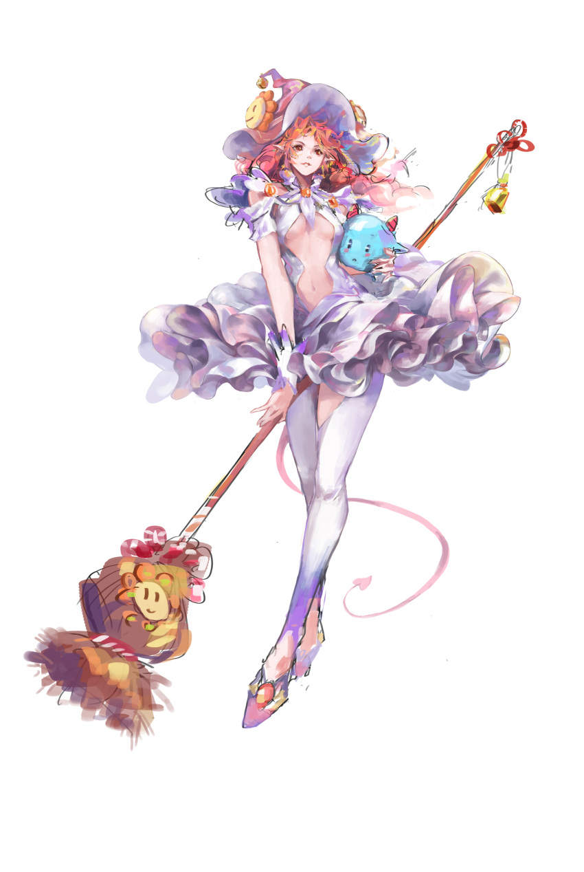 1girl :&lt; absurdres anning bell blush breasts broom brown_eyes clothing_cutout commentary_request demon_tail flower flower_ornament frilled_skirt frills hat highres holding holding_broom horns midriff midriff_peek monster navel original pantyhose red_hair shoes skirt standing sunflower tachi-e tail underboob underboob_cutout white_pantyhose witch_hat