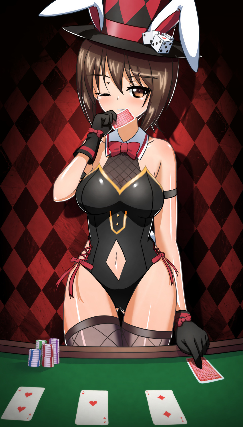 1girl absurdres animal_ears argyle ass_visible_through_thighs black_gloves black_headwear black_leotard bow bowtie breasts brown_eyes brown_hair card clothing_cutout commentary dice earlobe1514366 fishnet_thighhighs fishnets girls_und_panzer gloves grey_thighhighs hat hat_with_ears highres holding holding_card leotard medium_breasts navel navel_cutout nishizumi_maho official_alternate_costume one_eye_closed parted_lips playboy_bunny playing_card poker_chip poker_table rabbit_ears red_bow red_bowtie short_hair side-tie_leotard sleeveless smile solo table thigh_gap thighhighs top_hat