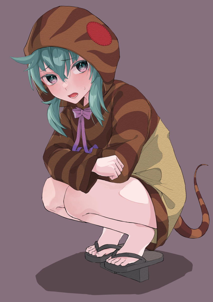 1girl absurdres bare_legs blue_eyes blue_hair blush bow bowtie geta highres hood hoodie kemono_friends long_sleeves looking_at_viewer open_mouth print_hoodie purple_bow purple_bowtie short_hair sidelocks snake_print solo squatting sweatdrop tengu-geta tsuchinoko_(kemono_friends) yellow_hood yoshinania