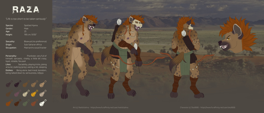 2023 4_toes 5_fingers abs anthro arrow_(weapon) bone bottomwear bow_(weapon) braided_hair brown_body brown_fur claws clothed clothing digitigrade english_text feet fingers fur gnoll hair headshot_portrait hi_res hyena jewelry leather leather_clothing leather_straps loincloth male mammal mane mask model_sheet multicolored_body multicolored_fur muscular muscular_anthro muscular_male natttttalina navel necklace nipples nude pecs portrait quiver ranged_weapon raza_(skoll666) red_hair skull skull_accessory skull_mask smile smiling_at_viewer solo spots spotted_body spotted_fur spotted_hyena text toes tongue tongue_out tribal tribal_jewelry underwear weapon yellow_eyes