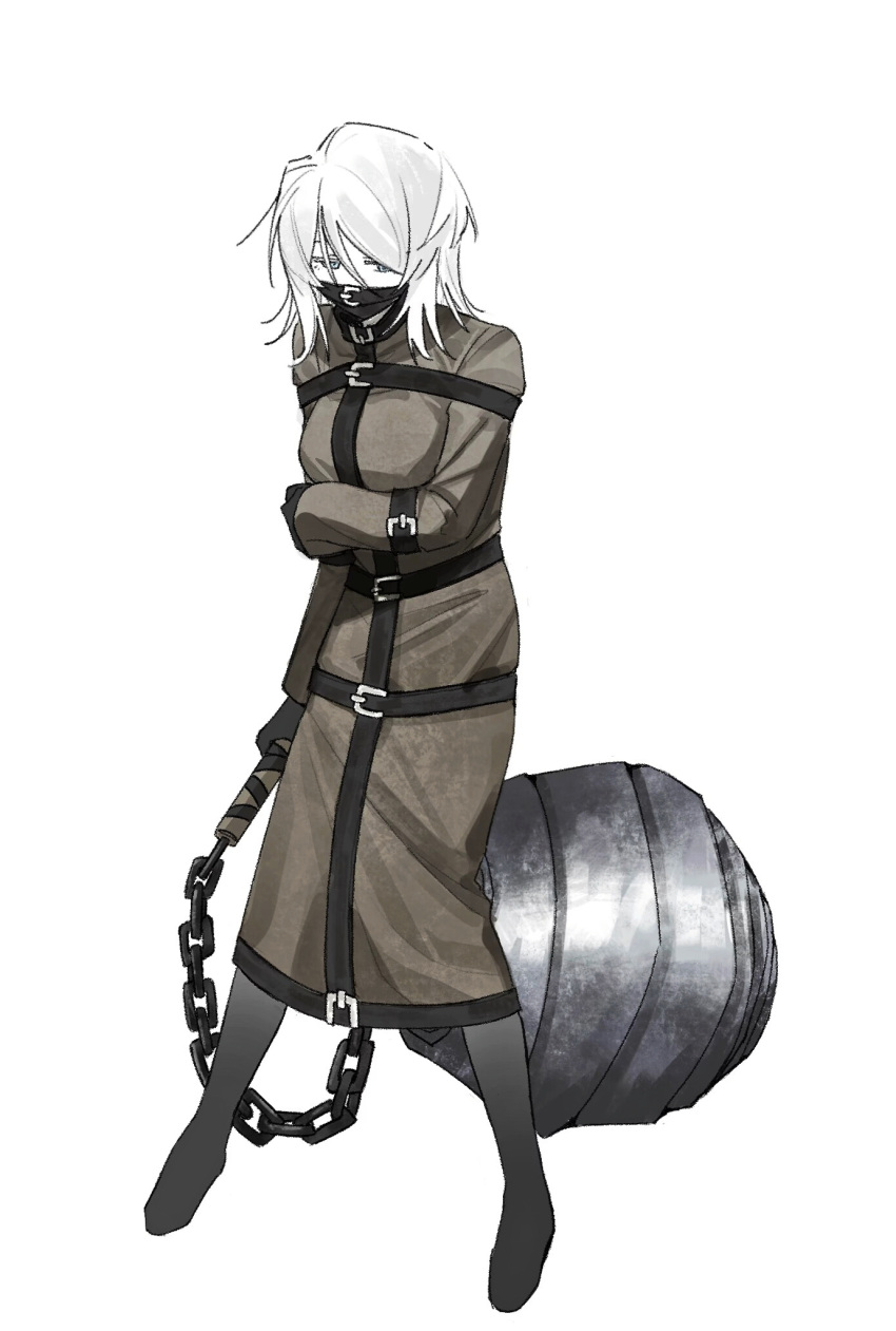 1girl ball_and_chain_(weapon) blue_eyes brown_coat chain coat e.g.o_(project_moon) faust_(project_moon) forsaken_murderer highres ivy_(675671) library_of_ruina limbus_company looking_at_viewer project_moon short_hair solo standing straitjacket white_hair