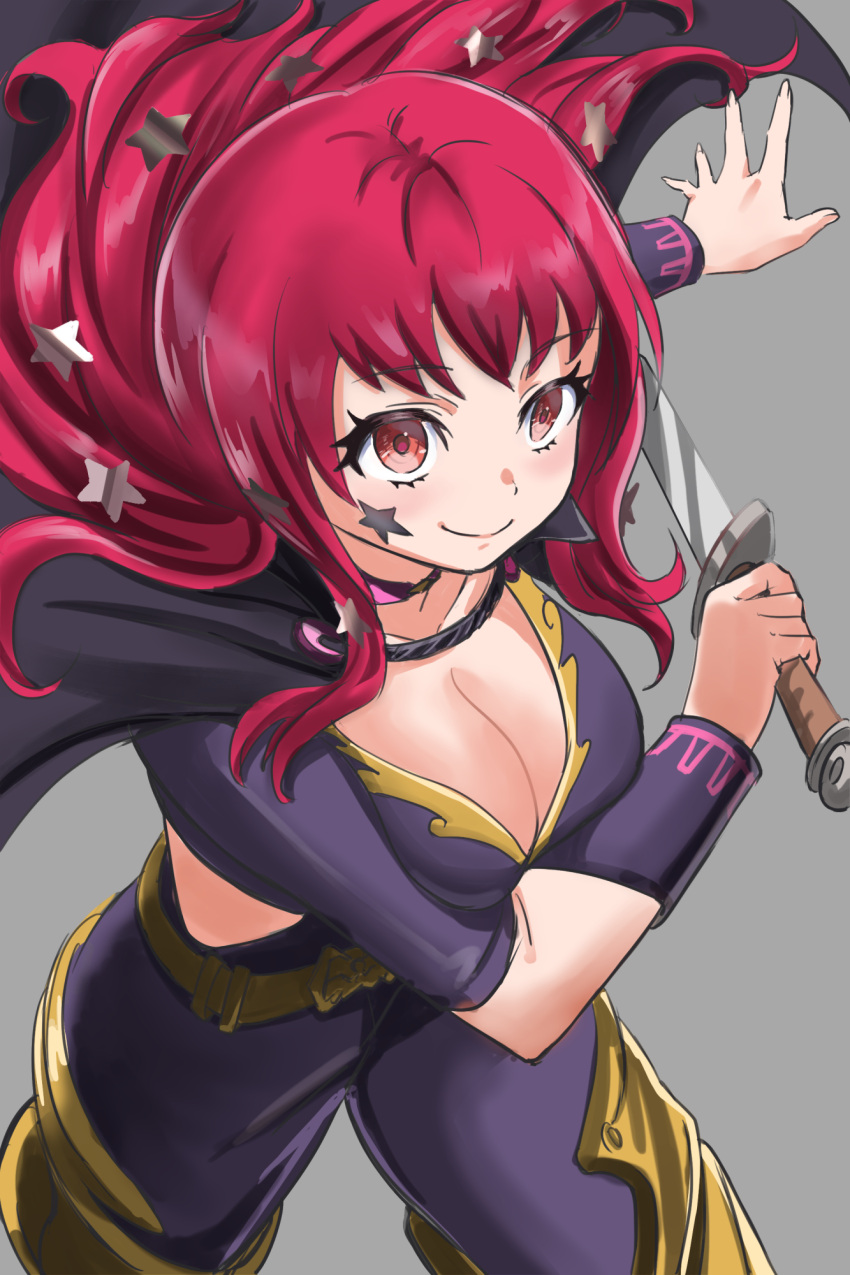 1girl black_cape bodysuit breasts cape cleavage clothing_cutout dagger facial_mark fire_emblem fire_emblem_engage gold_belt hair_ornament highres holding holding_dagger holding_knife holding_weapon knife long_hair red_hair side_cutout smile solo star_(symbol) star_facial_mark star_hair_ornament tensakurenai weapon yunaka_(fire_emblem)