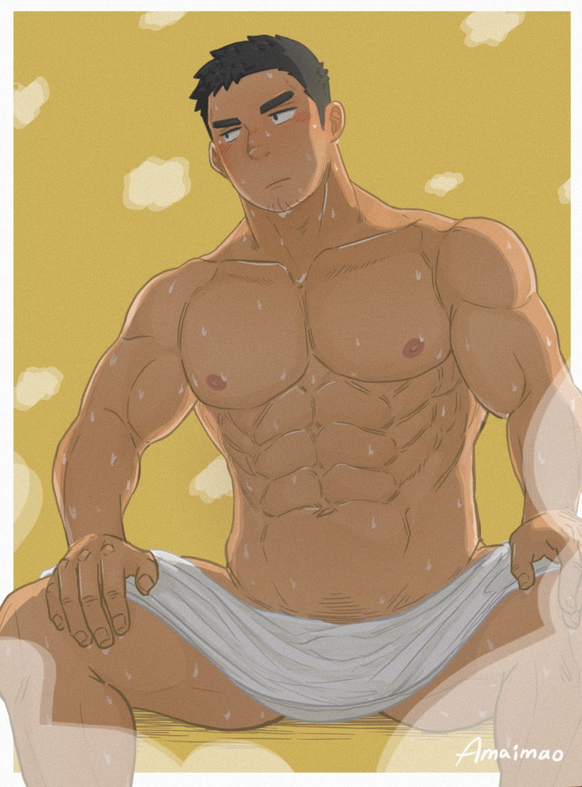 1boy abs amaimao arms_at_sides bara blush feet_out_of_frame from_below goatee_stubble highres large_pectorals long_sideburns looking_to_the_side male_focus muscular muscular_male navel nipples original pectorals pubic_hair pubic_hair_peek sauna short_hair sideburns sitting solo steam thighs towel_around_waist very_sweaty