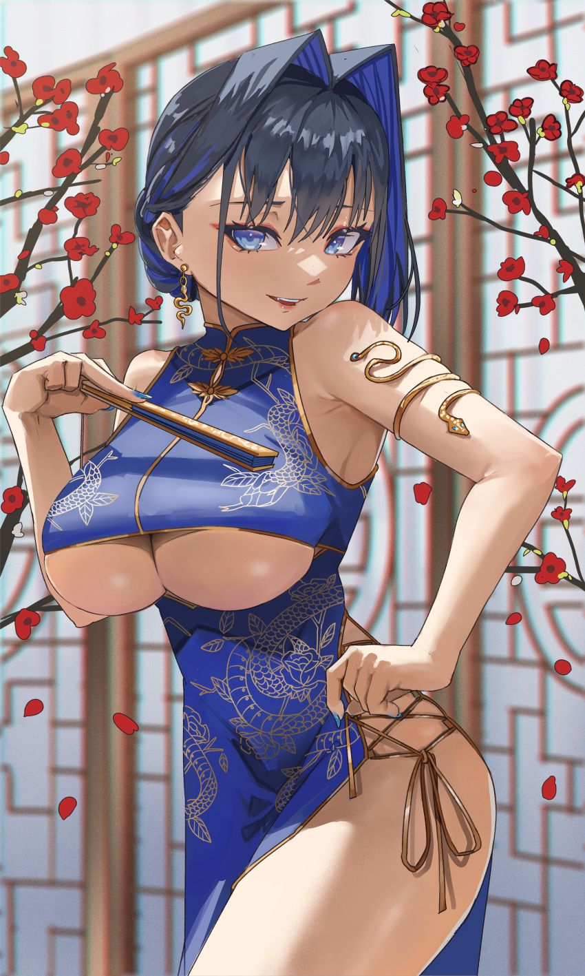 1girl absurdres alternate_costume archinoer armlet black_hair blue_dress blue_eyes blue_hair blue_nails breasts china_dress chinese_clothes colored_inner_hair dress earrings fang flower folding_fan gold_earrings hair_intakes hand_fan hand_up highres holding holding_fan hololive hololive_english jewelry large_breasts multicolored_hair ouro_kronii parted_lips plum_blossoms short_hair side_slit smile snake_earrings solo teeth two-tone_hair underboob upper_teeth_only virtual_youtuber
