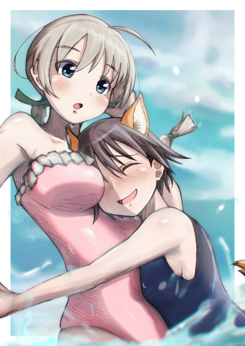 absurdres animal_ears bare_shoulders between_breasts blue_eyes breasts closed_eyes dog_ears dog_tail head_between_breasts highres large_breasts lynette_bishop miyafuji_yoshika one-piece_swimsuit pink_one-piece_swimsuit ponytail smile strike_witches swimsuit tail tama_kitsune water world_witches_series yuri