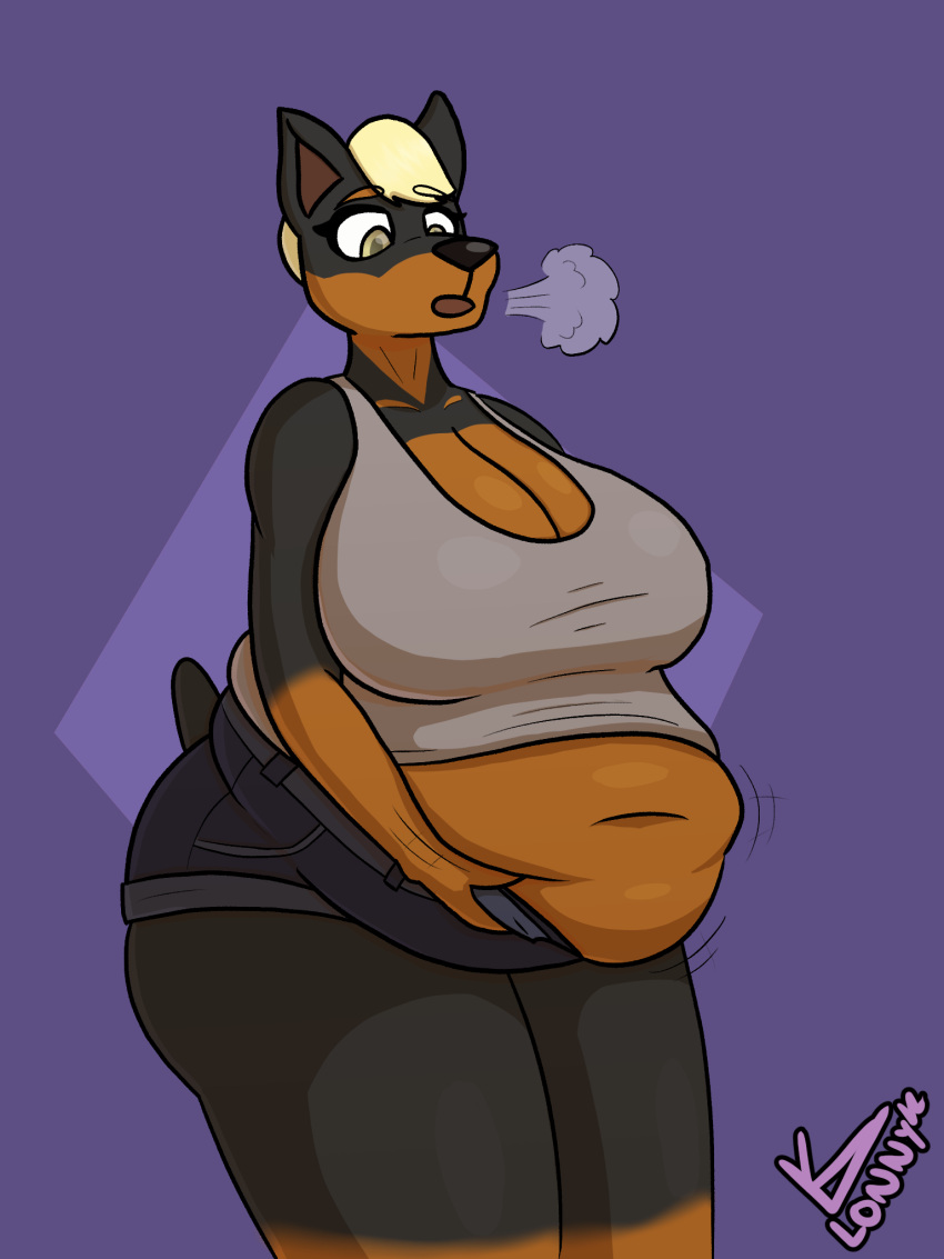 adjusting_clothing anthro belly belly_overhang belly_squish big_belly big_breasts big_butt breasts brooke_(gbg) butt canid canine canis cleavage clothed clothing dobermann domestic_dog female hi_res lonnyk mammal overweight overweight_female pinscher solo squish