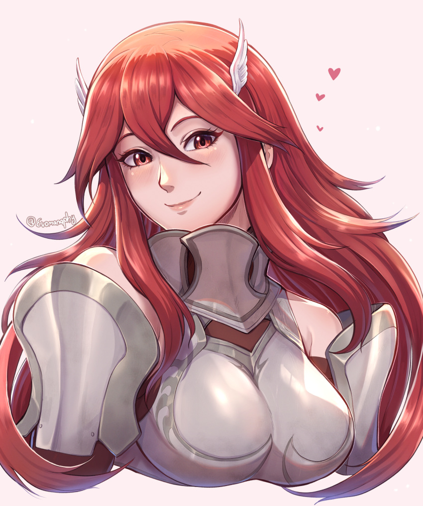 1girl absurdres armor blush breastplate closed_mouth commission cordelia_(fire_emblem) cropped_torso evomanaphy fire_emblem fire_emblem_awakening hair_between_eyes hair_ornament heart highres lips long_hair looking_at_viewer pink_lips red_eyes red_hair simple_background smile solo twitter_username very_long_hair wing_hair_ornament