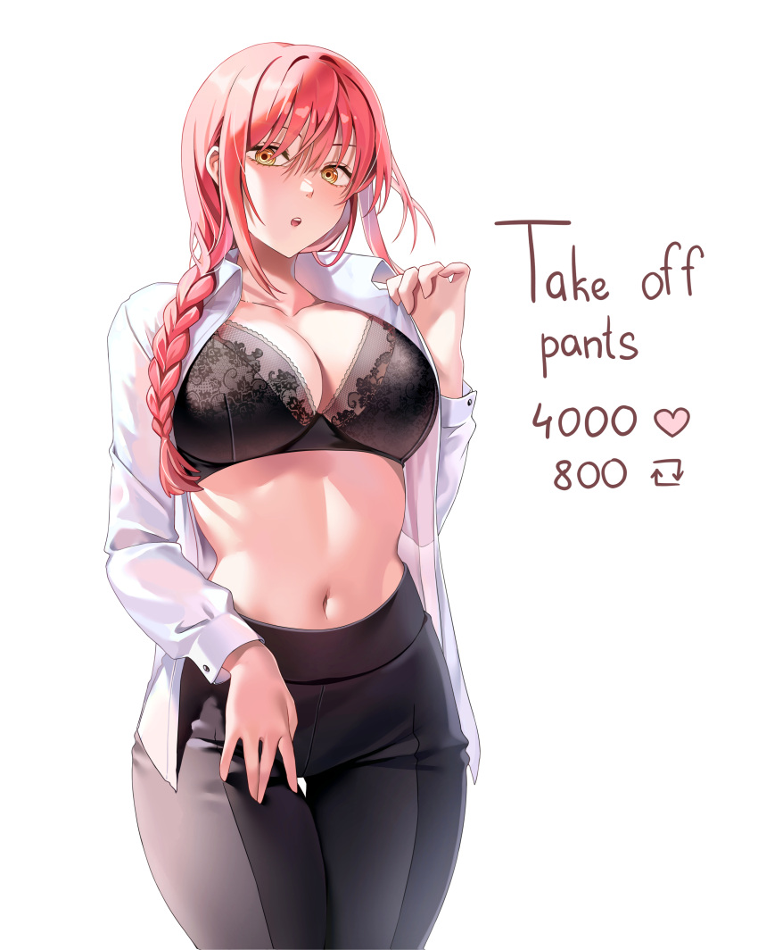 1girl absurdres black_bra black_pants blush bra braid braided_ponytail breasts chainsaw_man cleavage collarbone collared_shirt cowboy_shot curvy english_text highres lace lace-trimmed_bra lace_trim large_breasts lingerie long_hair long_sleeves looking_at_viewer machulanko makima_(chainsaw_man) meme midriff narrow_waist navel open_clothes open_mouth open_shirt pants red_hair shirt simple_background skin_tight solo surprised teeth thick_thighs thighs tongue twitter_strip_game_(meme) underwear upper_teeth_only white_background white_shirt yellow_eyes