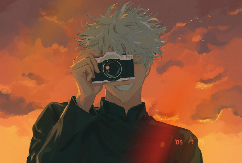 1boy 99round ^_^ black_jacket camera closed_eyes cloud gojou_satoru grin hand_up highres holding holding_camera jacket jujutsu_kaisen jujutsu_tech_uniform long_sleeves male_focus orange_background outdoors school_uniform short_hair smile solo teeth twilight upper_body white_hair