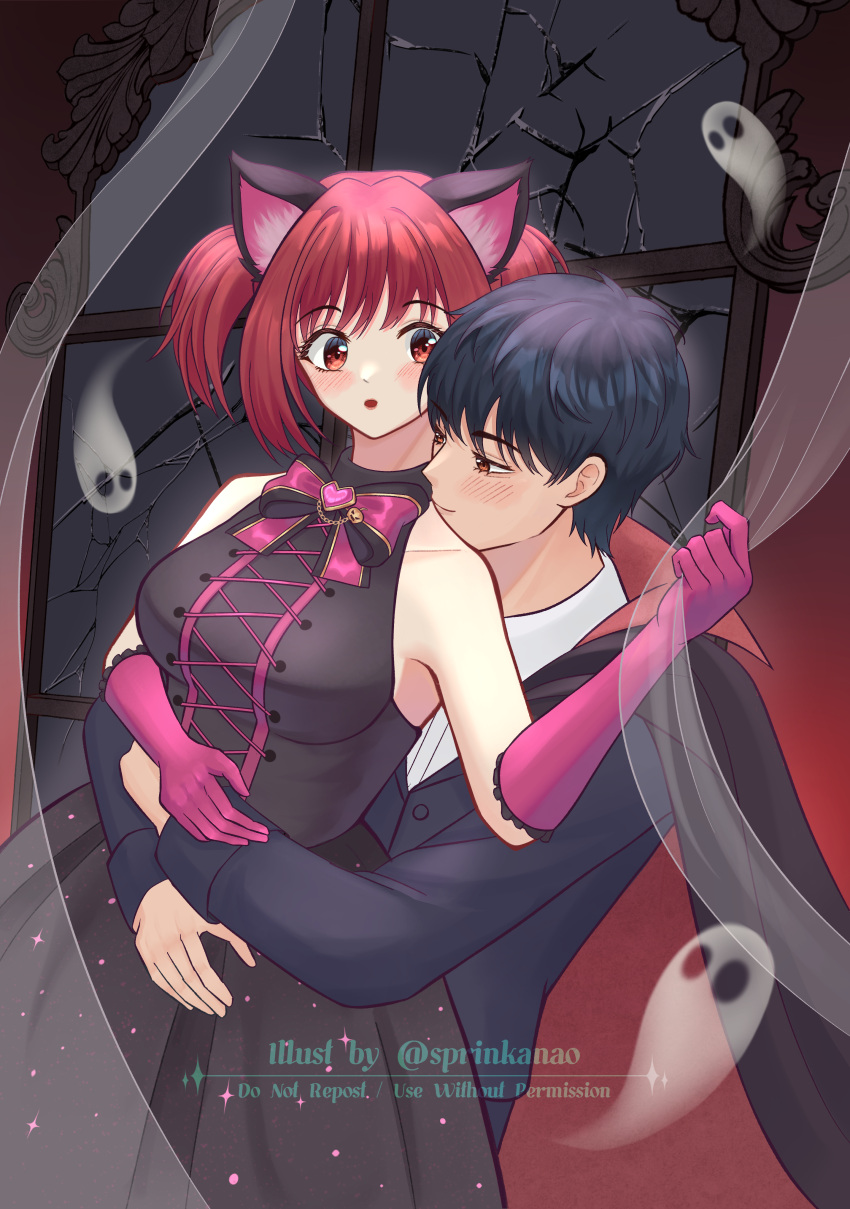 1boy 1girl absurdres animal_ears aoyama_masaya black_cape black_dress black_hair black_suit blush brown_eyes cape cat_ears cat_girl character_request check_character couple dress elbow_gloves english_text ghost gloves highres long_hair momomiya_ichigo open_mouth purple_gloves purple_ribbon red_cape red_eyes red_hair ribbon shirt short_hair sidelocks sprinkanao suit tokyo_mew_mew twitter_username two_side_up white_shirt