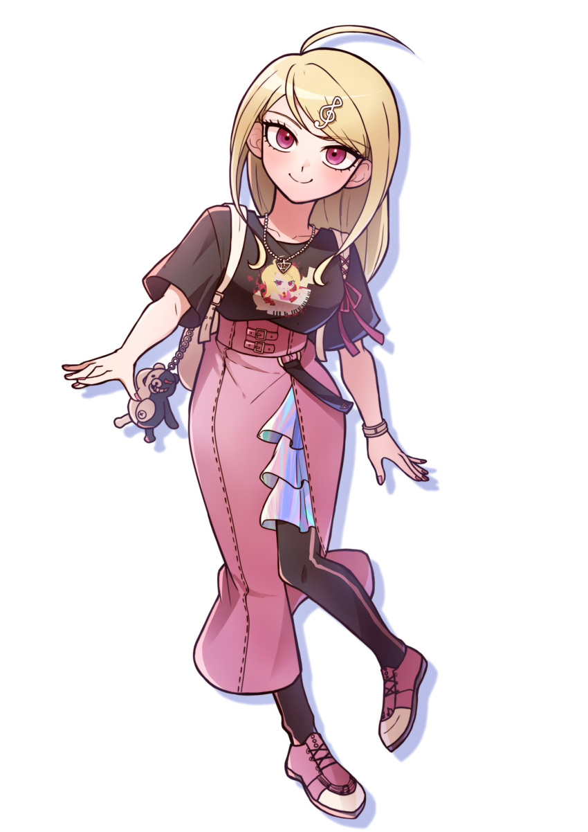 1girl ahoge akamatsu_kaede alternate_costume black_pantyhose blonde_hair breasts character_print closed_mouth collarbone danganronpa_(series) danganronpa_v3:_killing_harmony full_body hair_ornament highres jewelry kirin_(suzoke_1) large_breasts long_hair monokuma musical_note musical_note_hair_ornament necklace pantyhose pink_eyes pink_skirt print_shirt shirt shoes short_sleeves simple_background skirt smile solo white_background