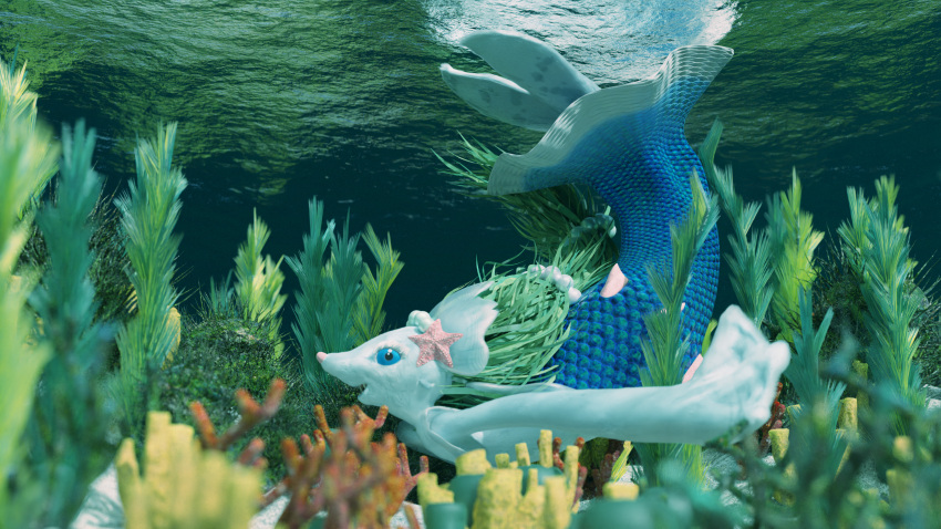 3d_(artwork) ambiguous_gender anthro asterozoan blender_(software) blue_body blue_scales digital_media_(artwork) doublestuffed echinoderm fur gem generation_7_pokemon hi_res looking_at_viewer marine nintendo pearl_(gem) pokemon pokemon_(species) primarina scales seaweed solo starfish starfish_(accessory) swimming underwater water white_body white_fur